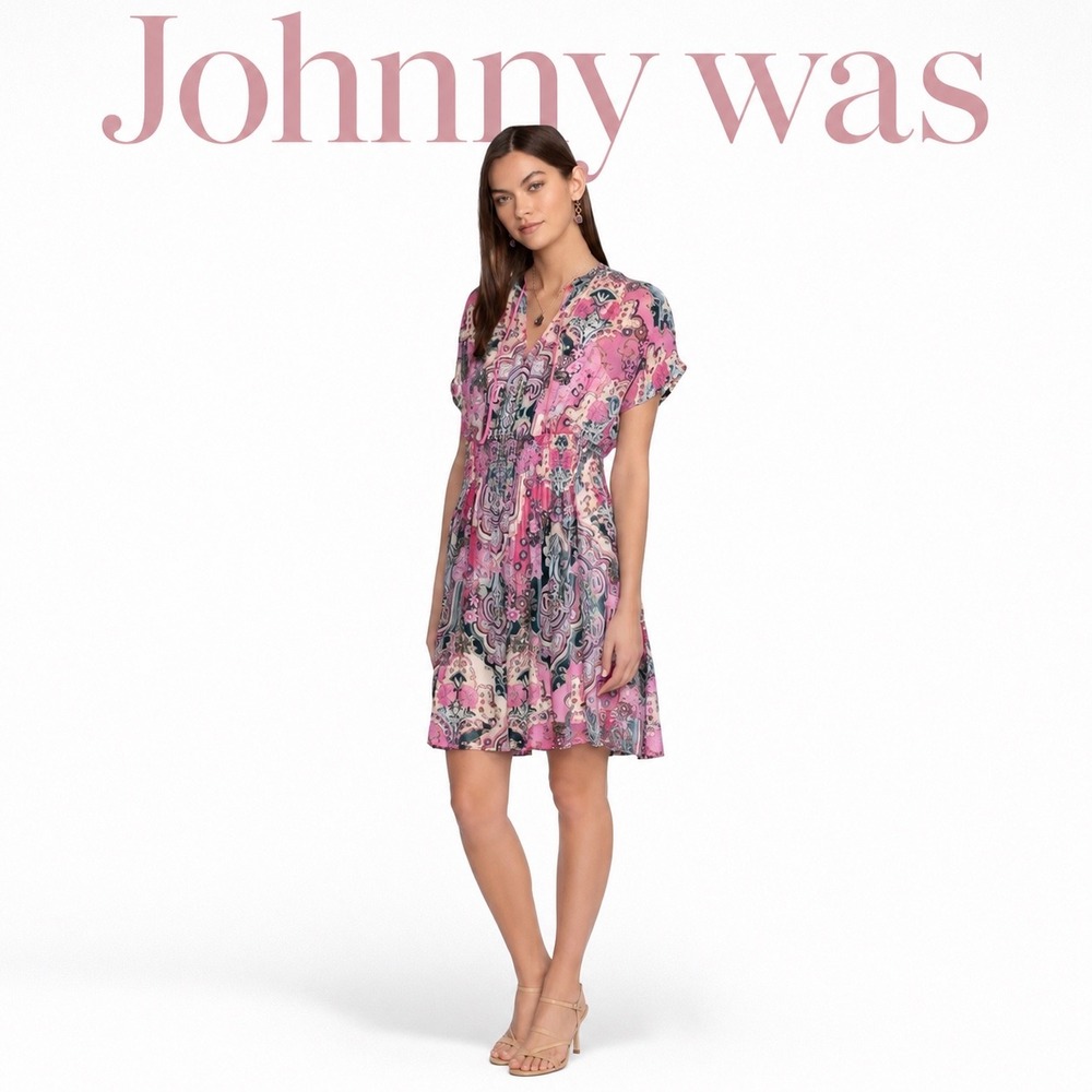 Johnny Was Pink Paisley Burnout Silk Blend Smocked Waist Dress C34424A6